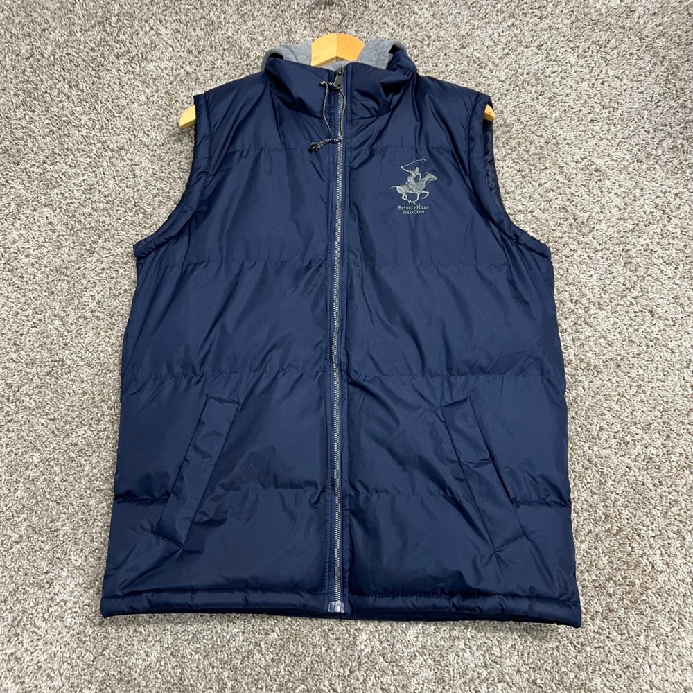 Beverly Hills Polo Club Mens Navy Blue Puffer Vest Hooded Modern Fit Small